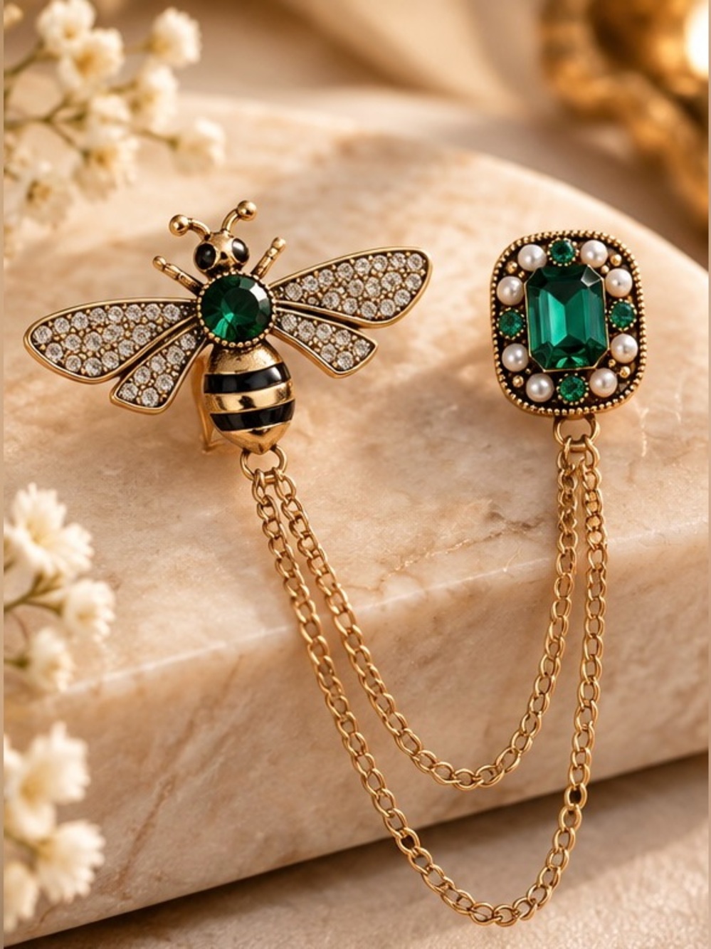 Gold Tone Bee Brooch Green Crystal Pearl Chain Statement Lapel Pin